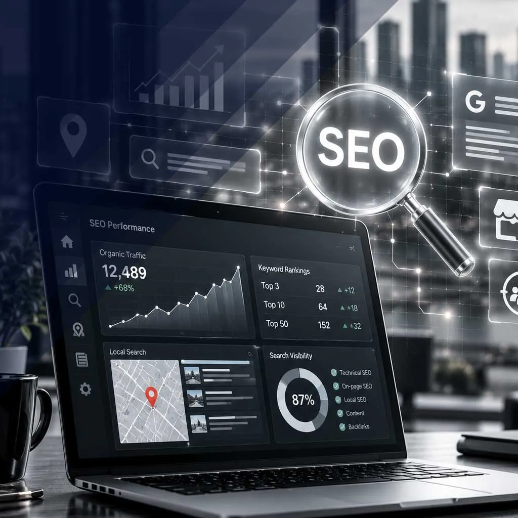 SEO dashboard on a laptop showing organic traffic, keyword rankings and local search results